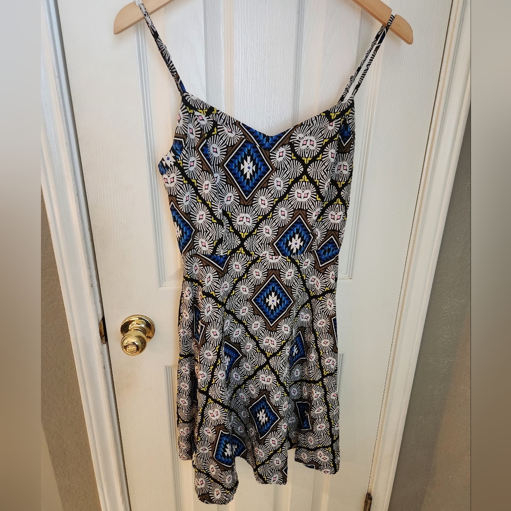 Geometric Patterned Skater Dress with Adjustable Spaghetti Straps